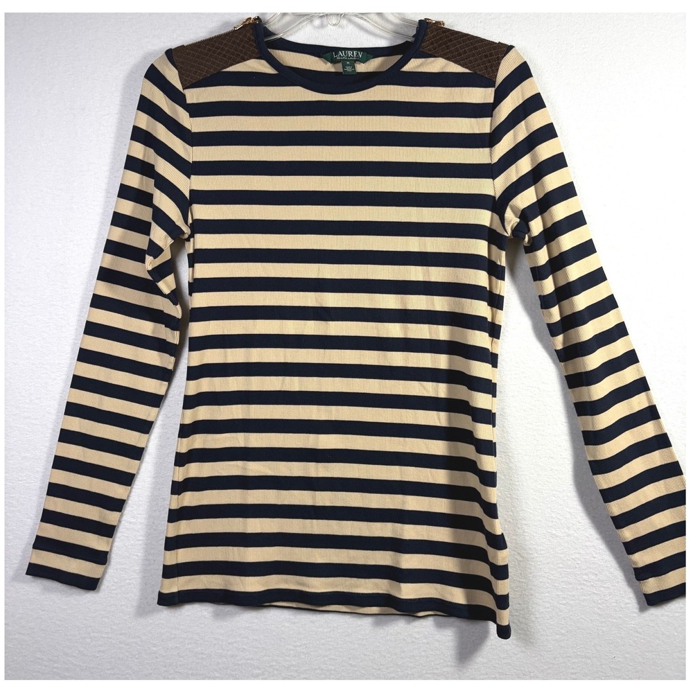 Lauren Ralph Lauren Striped Top Womens Medium Blue Tan Excellent Suede Patches